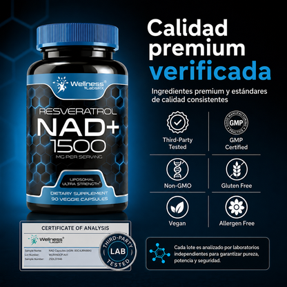Liposomal NAD+ con Resveratrol 1500 mg – Suplemento para Energía Celular, Vitalidad y Envejecimiento Saludable | 90 Cápsulas