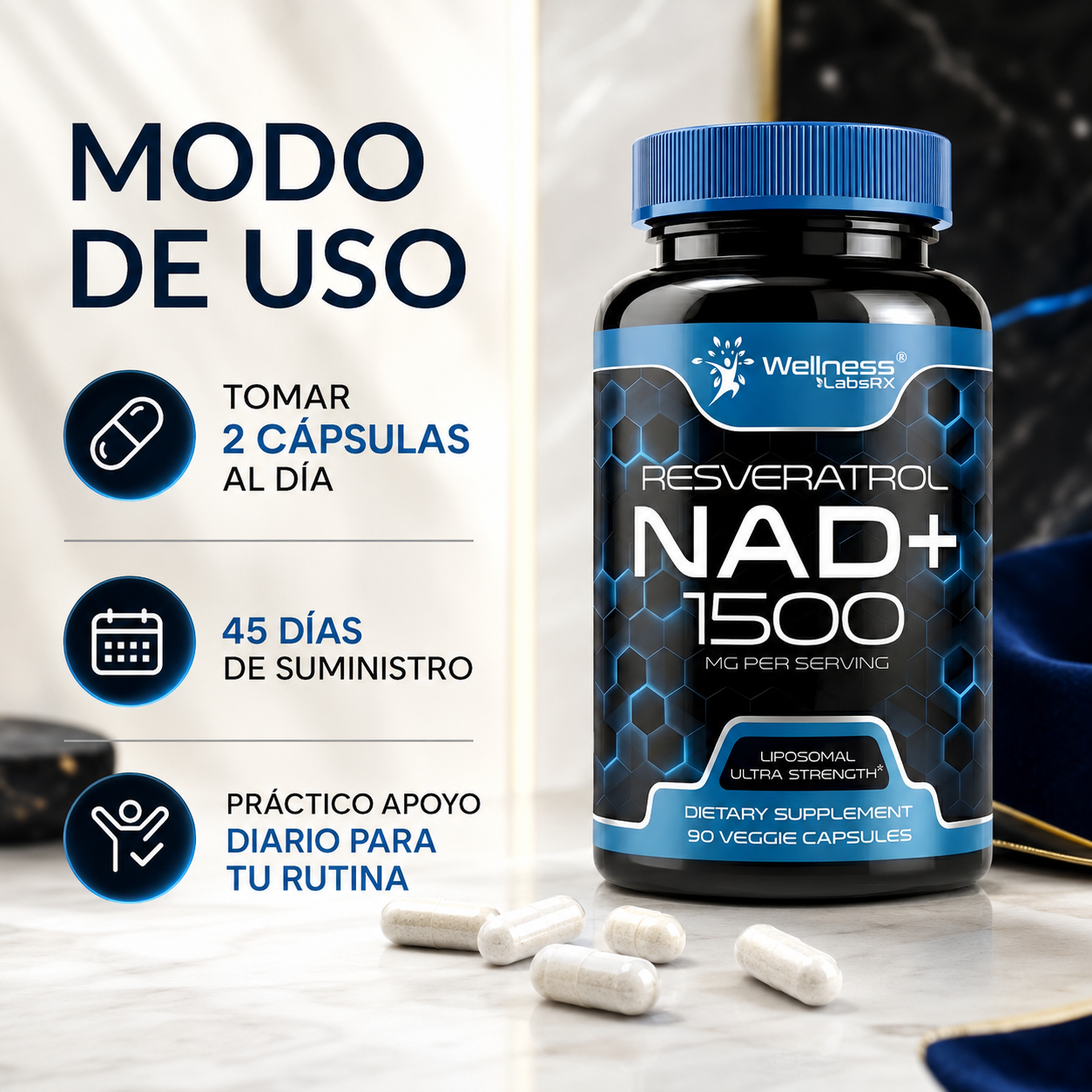 Liposomal NAD+ con Resveratrol 1500 mg – Suplemento para Energía Celular, Vitalidad y Envejecimiento Saludable | 90 Cápsulas