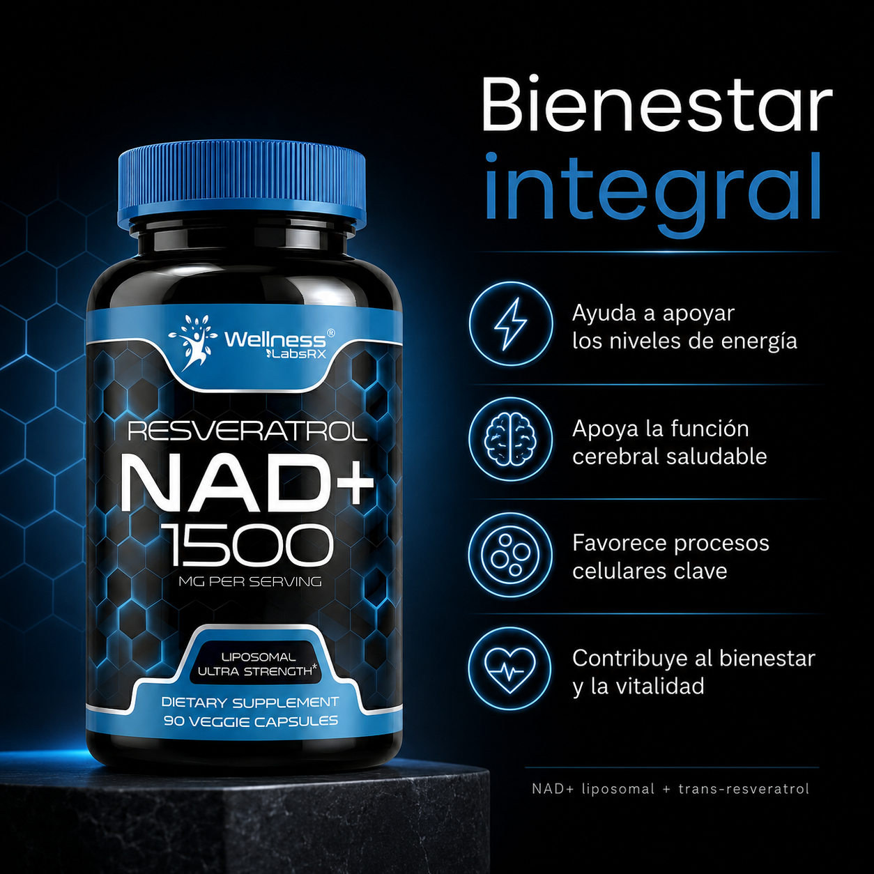 Liposomal NAD+ con Resveratrol 1500 mg – Suplemento para Energía Celular, Vitalidad y Envejecimiento Saludable | 90 Cápsulas