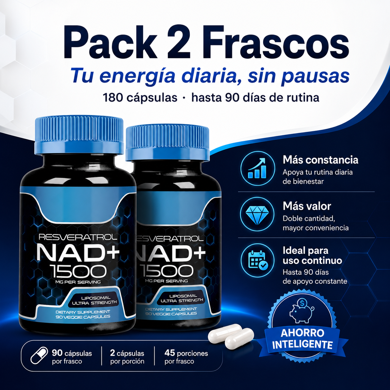Liposomal NAD+ con Resveratrol 1500 mg – Suplemento para Energía Celular, Vitalidad y Envejecimiento Saludable | 90 Cápsulas