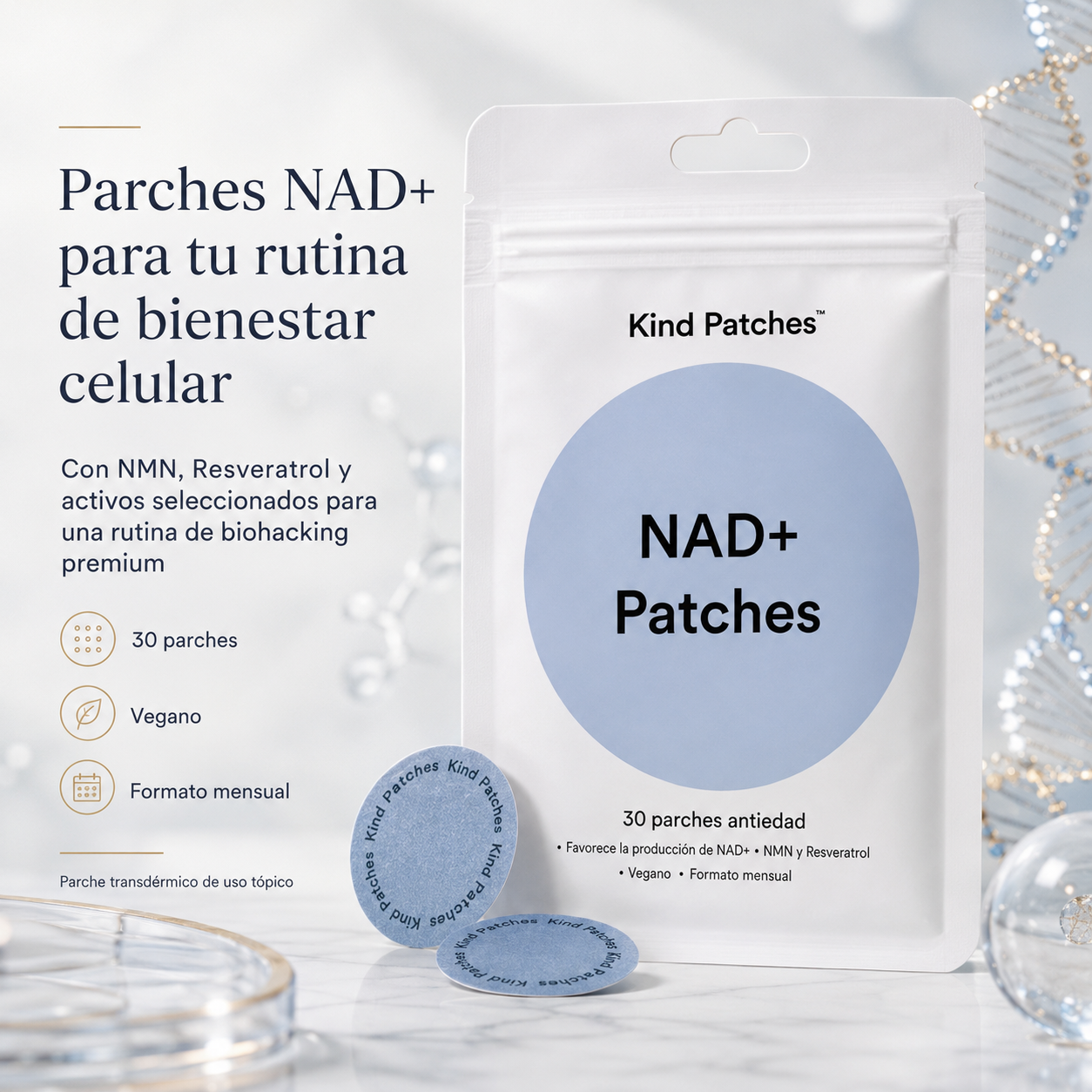 Kind Patches NAD+ | Patches Antiedad Pack de 2 Embalagens con NMN, Resveratrol, NAC, Lion’s Mane y Cordyceps – 60 Parches para Bienestar Celular y Biohacking