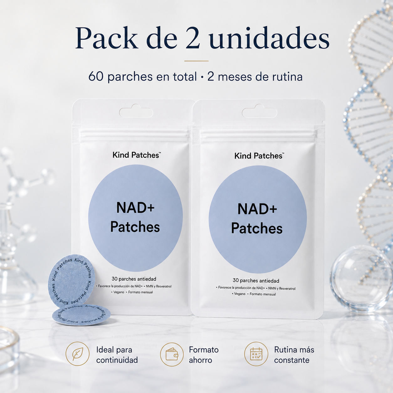 Kind Patches NAD+ | Patches Antiedad Pack de 2 Embalagens con NMN, Resveratrol, NAC, Lion’s Mane y Cordyceps – 60 Parches para Bienestar Celular y Biohacking