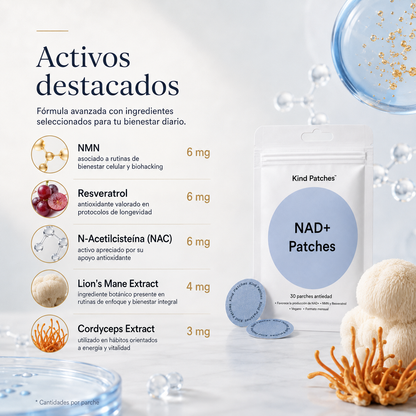 Kind Patches NAD+ | Patches Antiedad Pack de 2 Embalagens con NMN, Resveratrol, NAC, Lion’s Mane y Cordyceps – 60 Parches para Bienestar Celular y Biohacking
