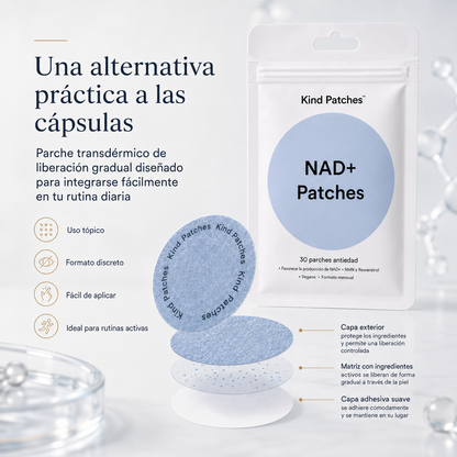 Kind Patches NAD+ | Patches Antiedad Pack de 2 Embalagens con NMN, Resveratrol, NAC, Lion’s Mane y Cordyceps – 60 Parches para Bienestar Celular y Biohacking