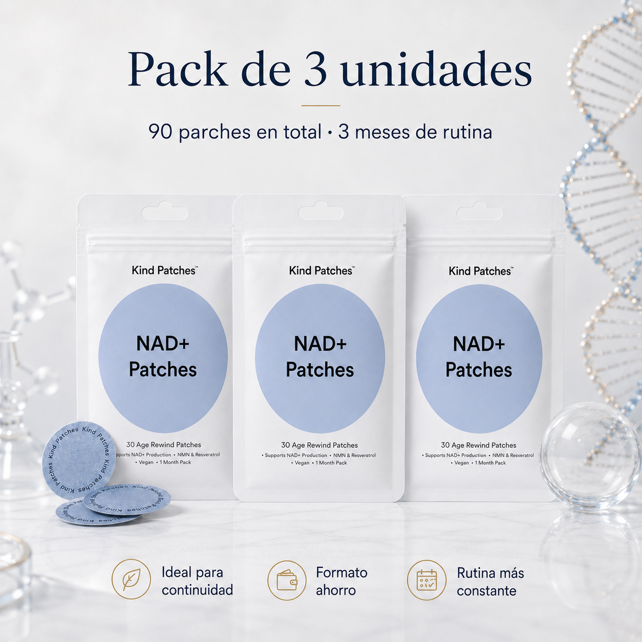 Kind Patches NAD+ | Patches Antiedad Pack de 2 Embalagens con NMN, Resveratrol, NAC, Lion’s Mane y Cordyceps – 60 Parches para Bienestar Celular y Biohacking