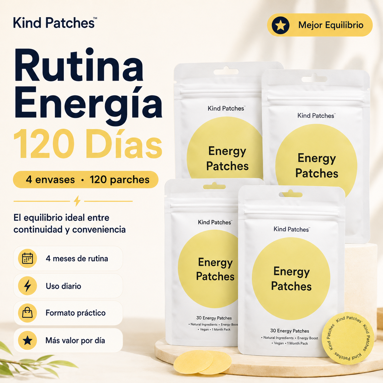 Kind Patches Energy Patches Pack de 2 Envases con Cafeína y Complejo de Vitaminas B – 60 Parches para Energía Diaria y Rutina Activa