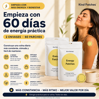 Kind Patches Energy Patches Pack de 2 Envases con Cafeína y Complejo de Vitaminas B – 60 Parches para Energía Diaria y Rutina Activa