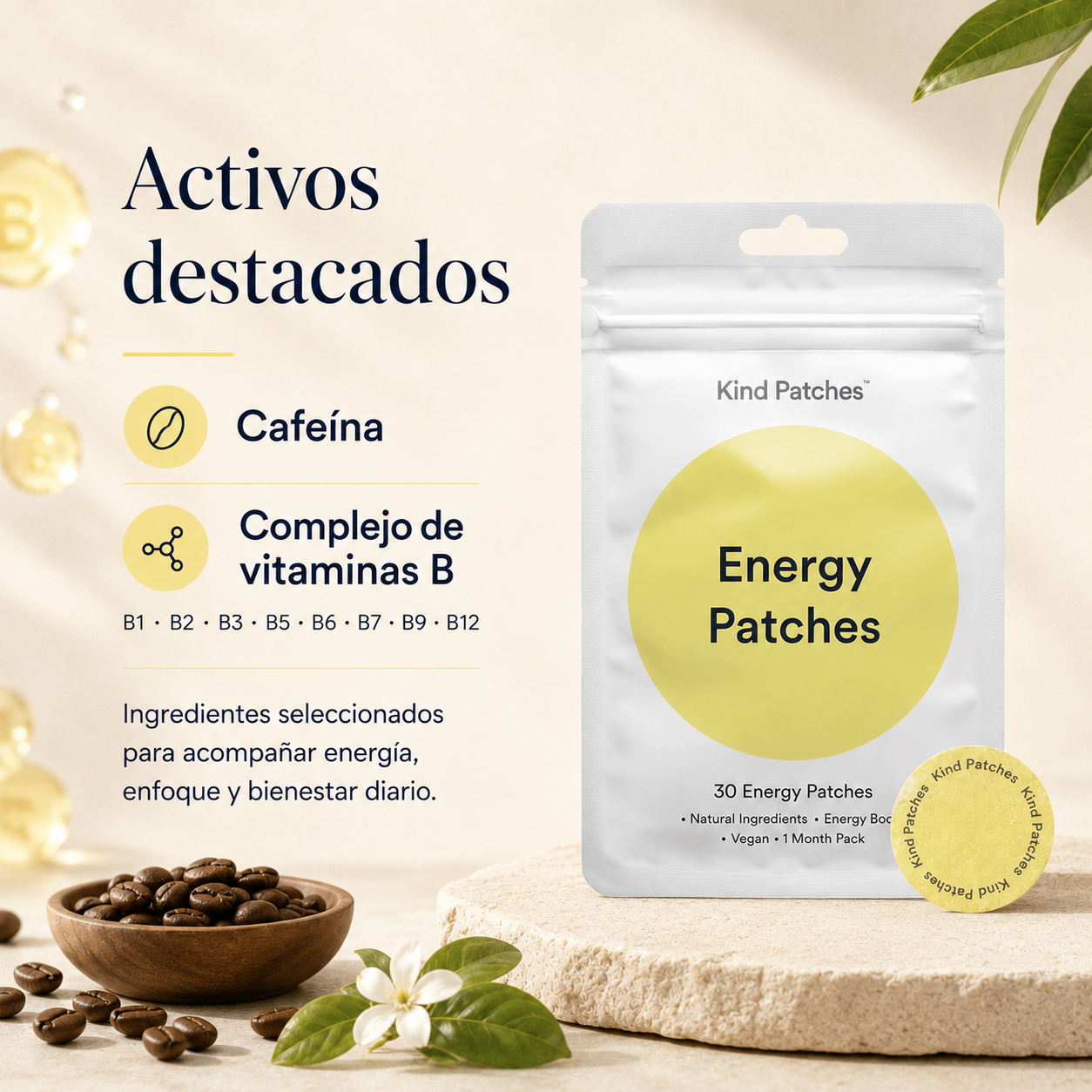 Kind Patches Energy Patches Pack de 2 Envases con Cafeína y Complejo de Vitaminas B – 60 Parches para Energía Diaria y Rutina Activa