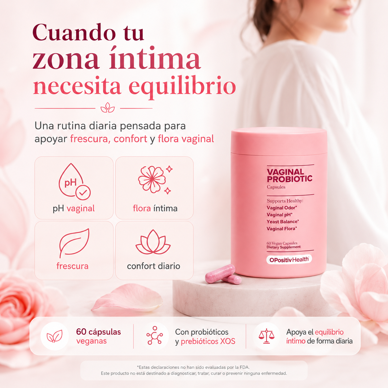 Probiótico Íntimo Femenino 60 Cápsulas Veganas | Probióticos + Prebióticos XOS para pH, Flora Vaginal y Bienestar Íntimo