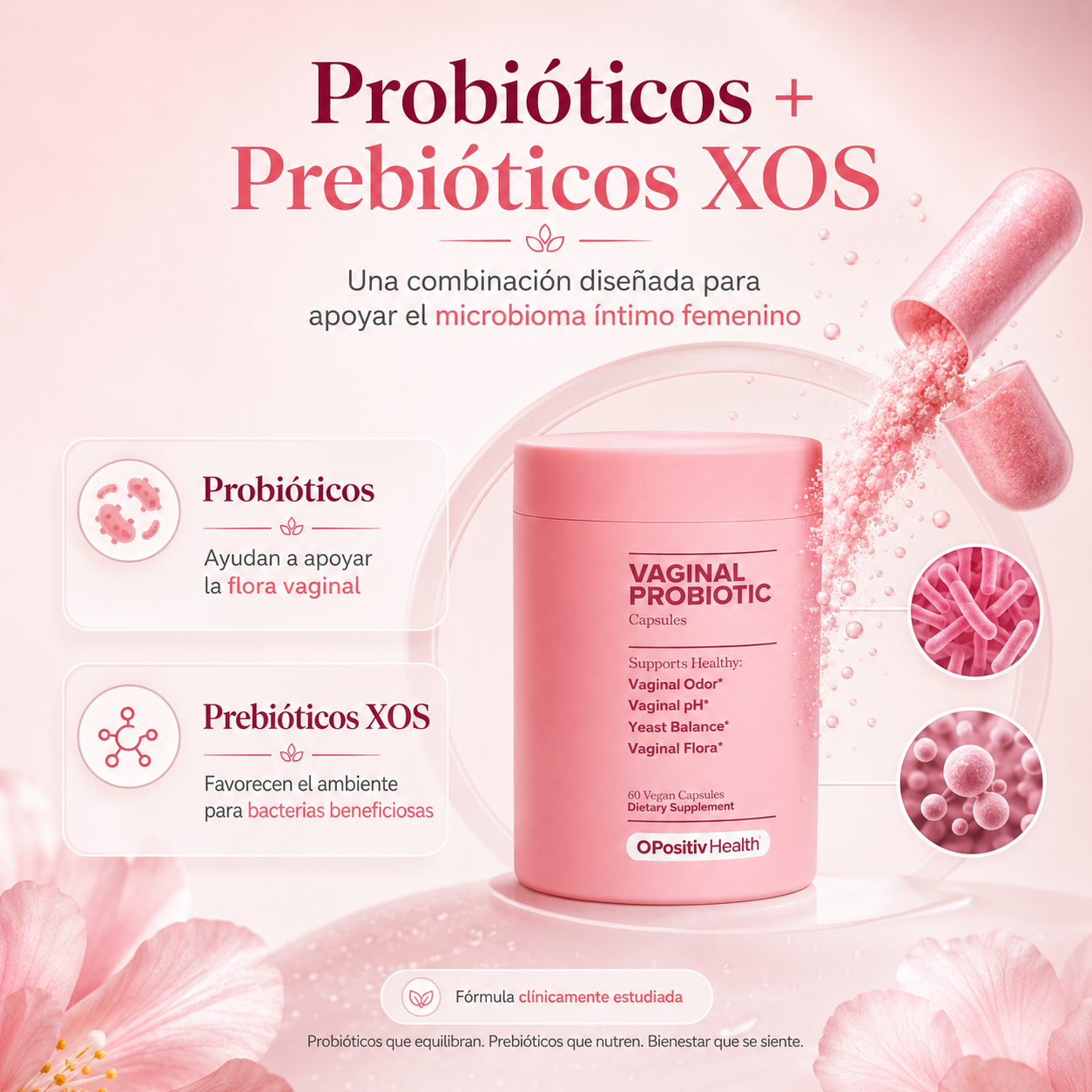 Probiótico Íntimo Femenino 60 Cápsulas Veganas | Probióticos + Prebióticos XOS para pH, Flora Vaginal y Bienestar Íntimo