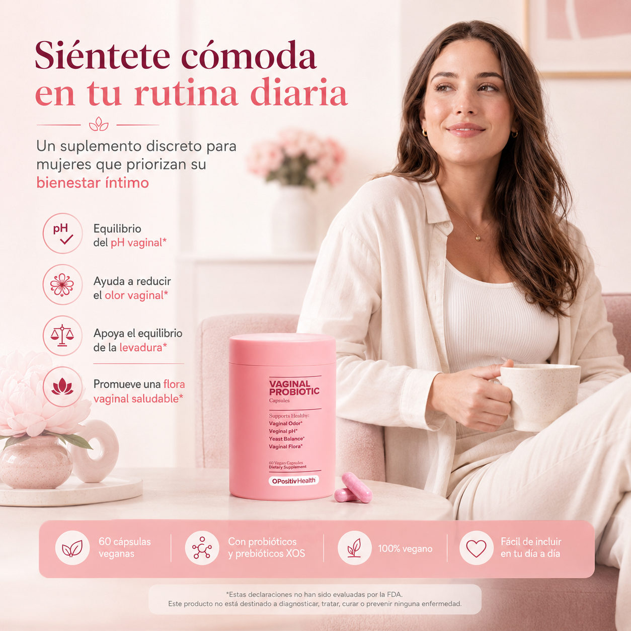 Probiótico Íntimo Femenino 60 Cápsulas Veganas | Probióticos + Prebióticos XOS para pH, Flora Vaginal y Bienestar Íntimo