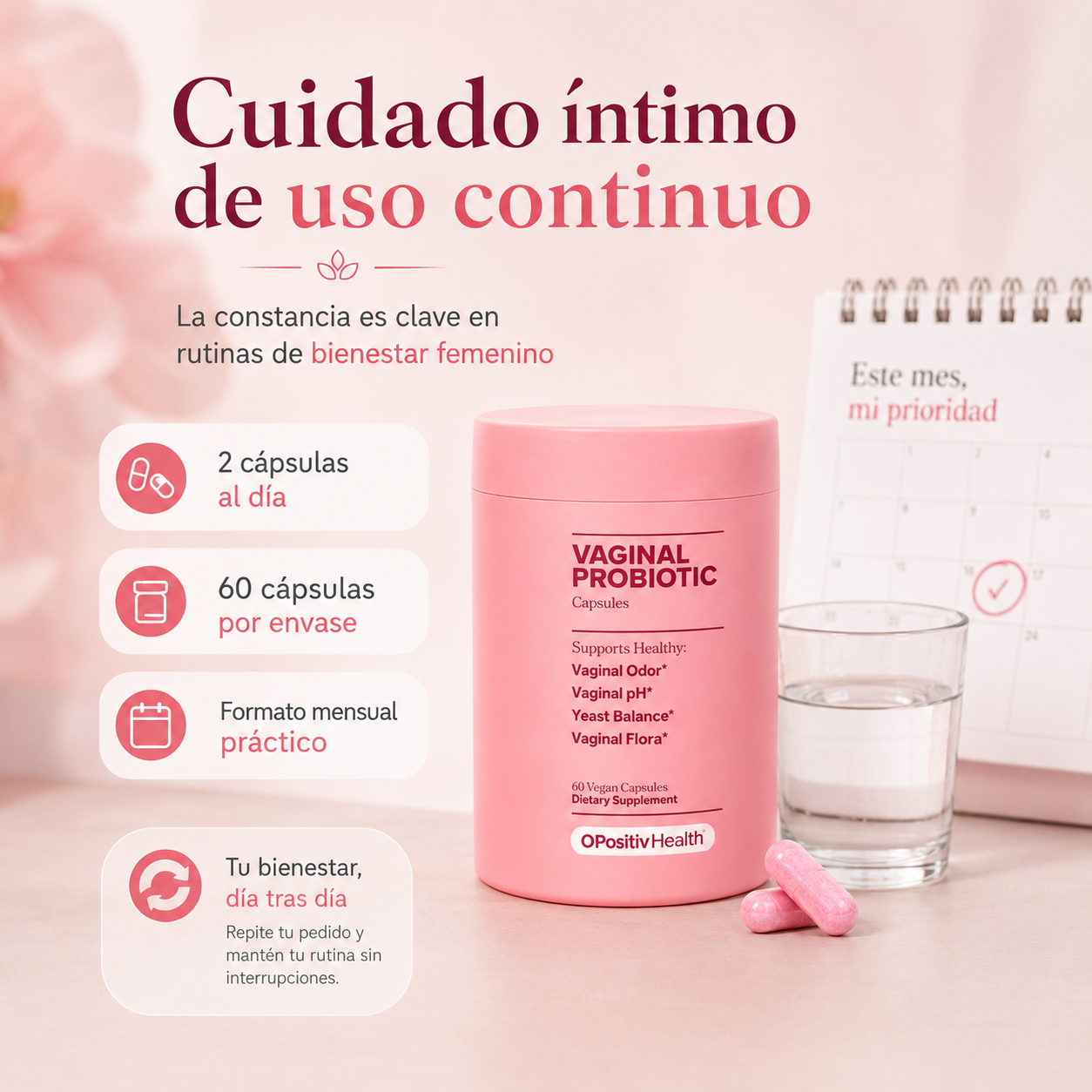 Probiótico Íntimo Femenino 60 Cápsulas Veganas | Probióticos + Prebióticos XOS para pH, Flora Vaginal y Bienestar Íntimo