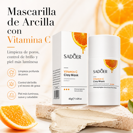 Mascarilla Facial de Arcilla SADOER con Vitamina C 40g | Limpieza de Poros, Control de Brillo y Luminosidad