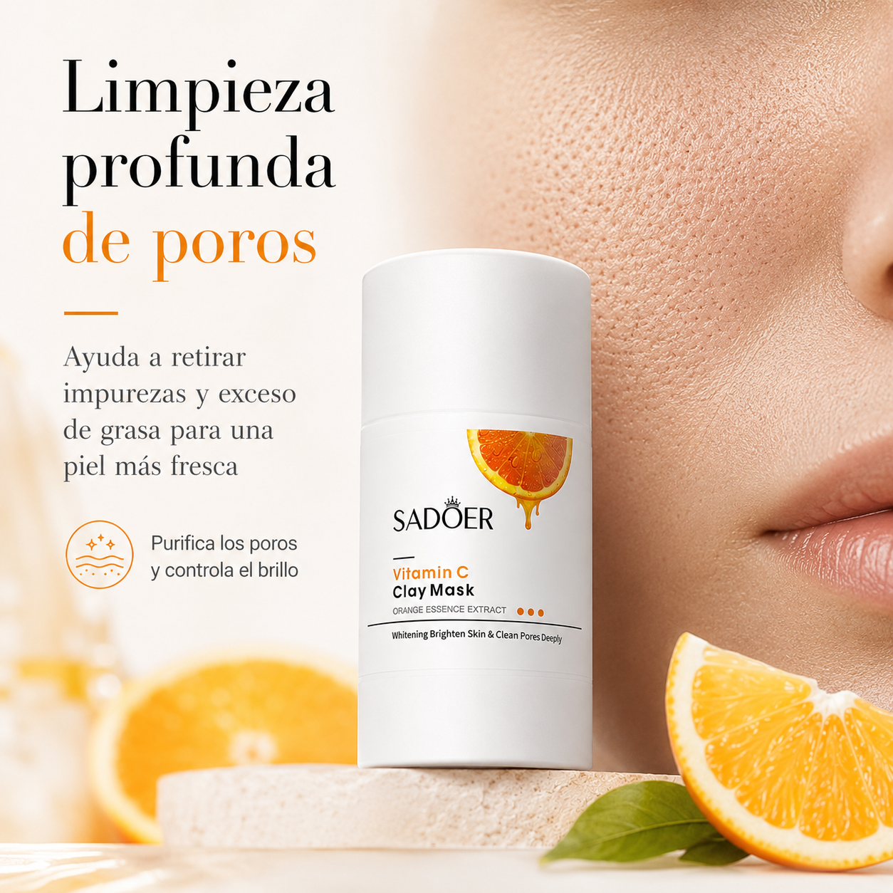 Mascarilla Facial de Arcilla SADOER con Vitamina C 40g | Limpieza de Poros, Control de Brillo y Luminosidad