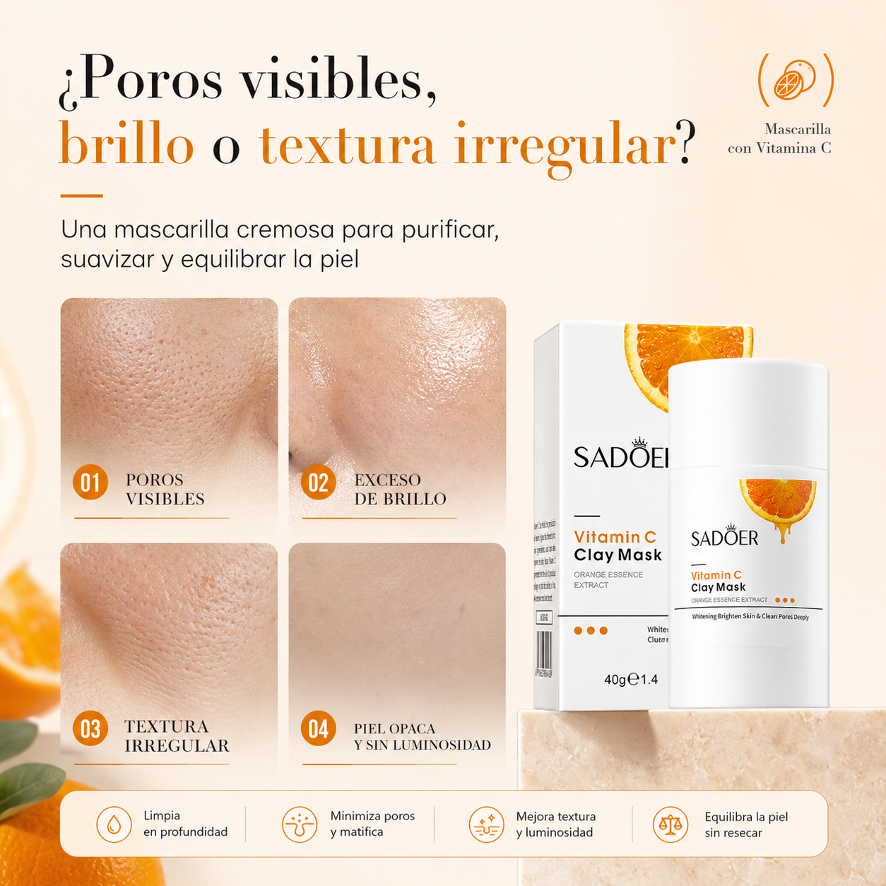 Mascarilla Facial de Arcilla SADOER con Vitamina C 40g | Limpieza de Poros, Control de Brillo y Luminosidad