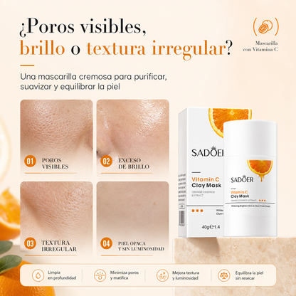 Mascarilla Facial de Arcilla SADOER con Vitamina C 40g | Limpieza de Poros, Control de Brillo y Luminosidad