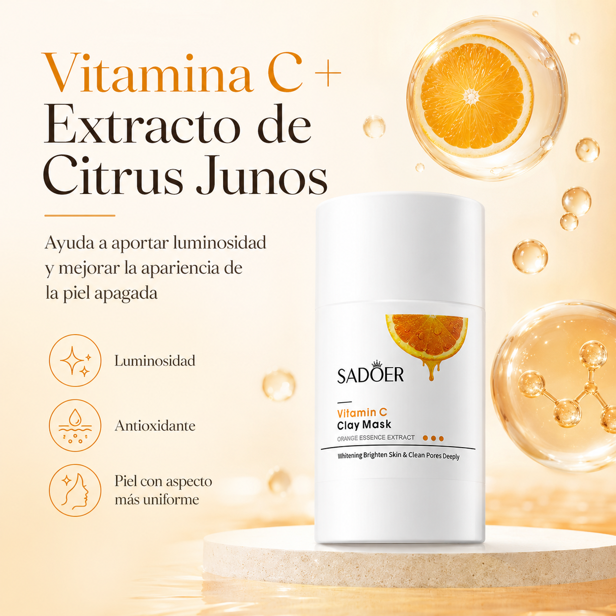 Mascarilla Facial de Arcilla SADOER con Vitamina C 40g | Limpieza de Poros, Control de Brillo y Luminosidad