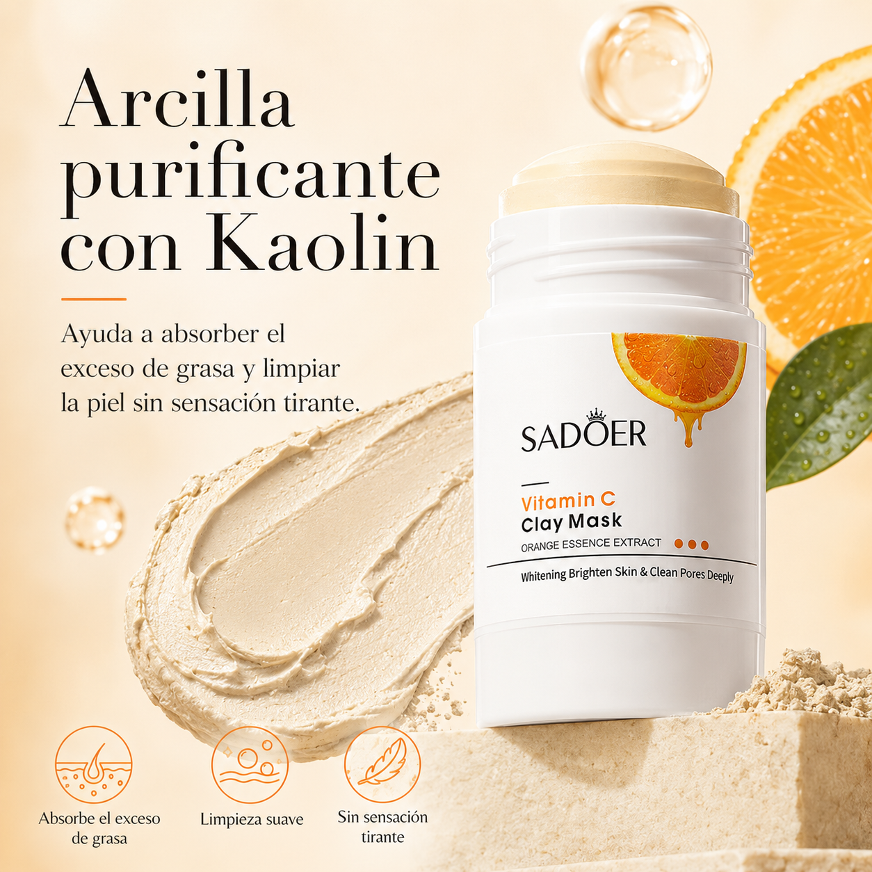 Mascarilla Facial de Arcilla SADOER con Vitamina C 40g | Limpieza de Poros, Control de Brillo y Luminosidad