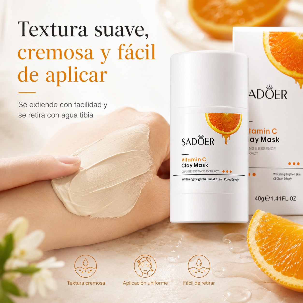 Mascarilla Facial de Arcilla SADOER con Vitamina C 40g | Limpieza de Poros, Control de Brillo y Luminosidad