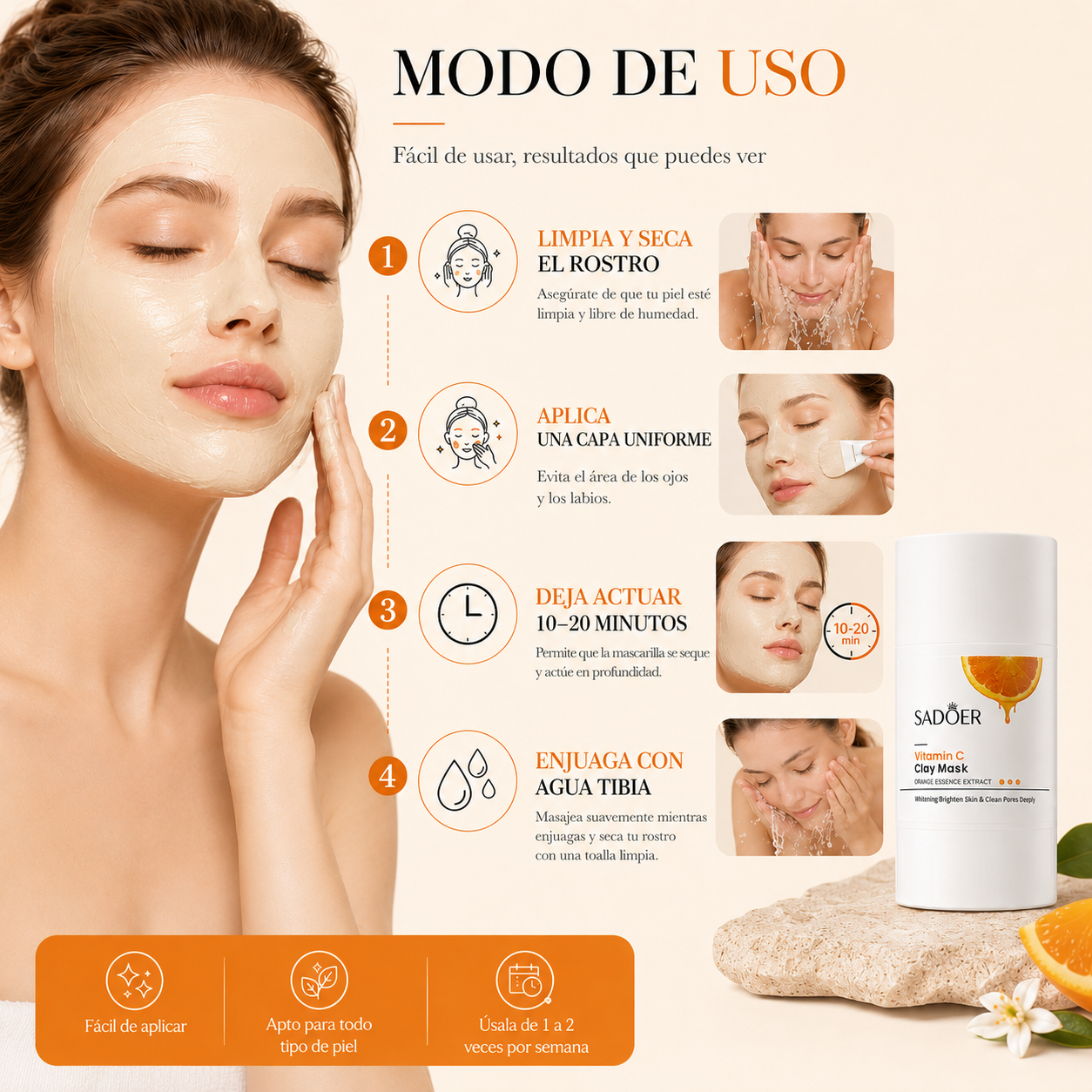 Mascarilla Facial de Arcilla SADOER con Vitamina C 40g | Limpieza de Poros, Control de Brillo y Luminosidad