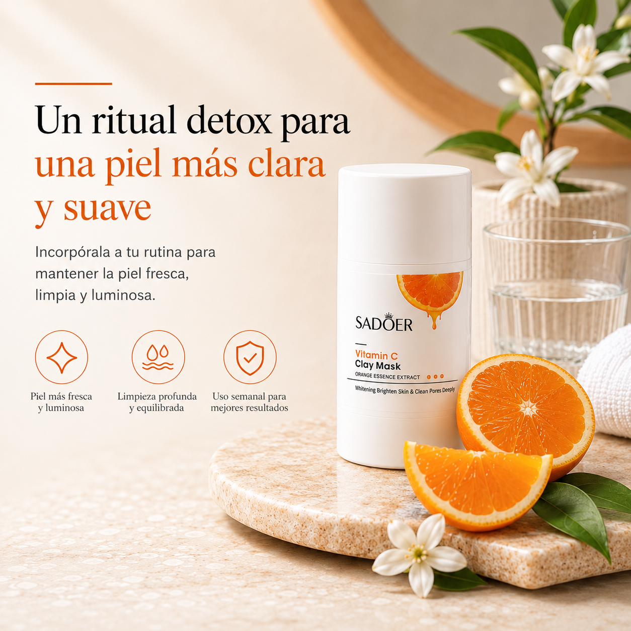 Mascarilla Facial de Arcilla SADOER con Vitamina C 40g | Limpieza de Poros, Control de Brillo y Luminosidad