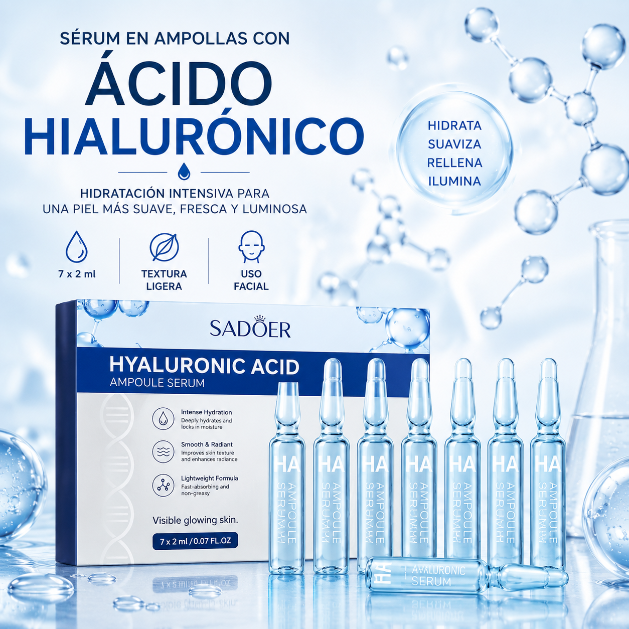 Sérum Facial en Ampollas con Ácido Hialurónico SADOER 7x2ml | Hidratación Intensiva, Piel Suave y Aspecto Luminoso