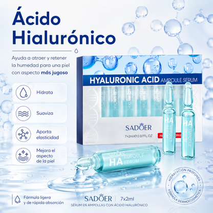 Sérum Facial en Ampollas con Ácido Hialurónico SADOER 7x2ml | Hidratación Intensiva, Piel Suave y Aspecto Luminoso