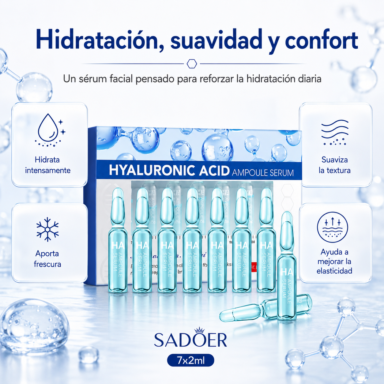 Sérum Facial en Ampollas con Ácido Hialurónico SADOER 7x2ml | Hidratación Intensiva, Piel Suave y Aspecto Luminoso