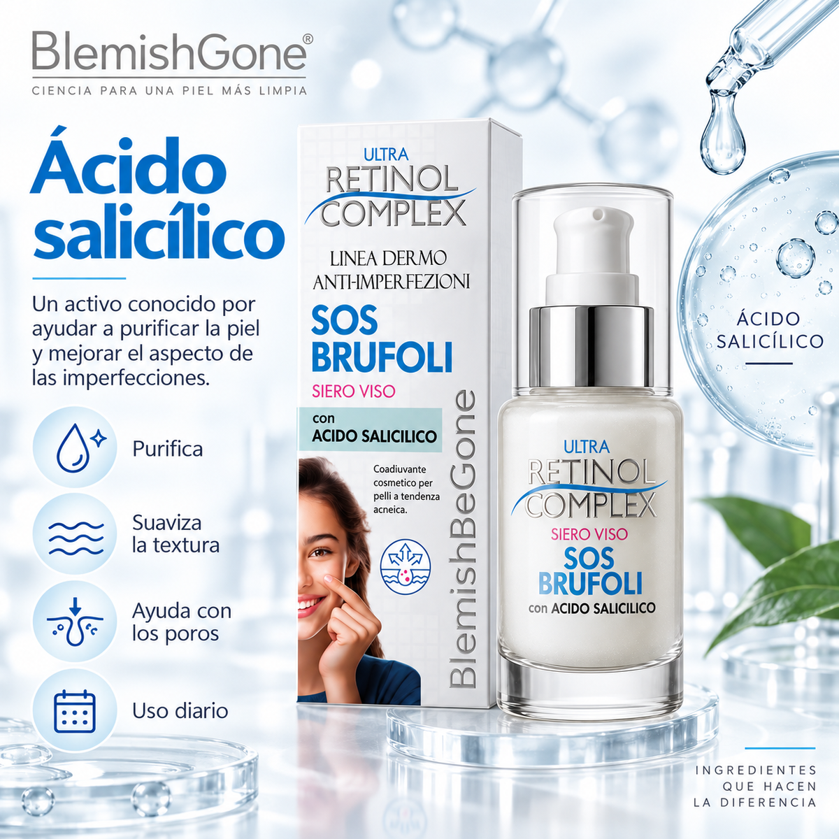 Sérum Facial Ultra Retinol Complex SOS Brufoli con Ácido Salicílico y Niacinamida | Anti-Imperfecciones Made in Italy