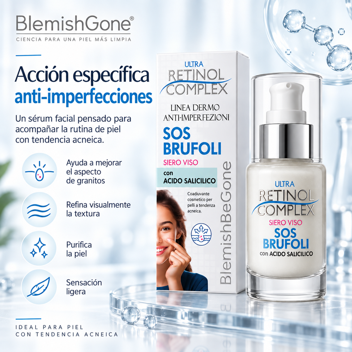 Sérum Facial Ultra Retinol Complex SOS Brufoli con Ácido Salicílico y Niacinamida | Anti-Imperfecciones Made in Italy