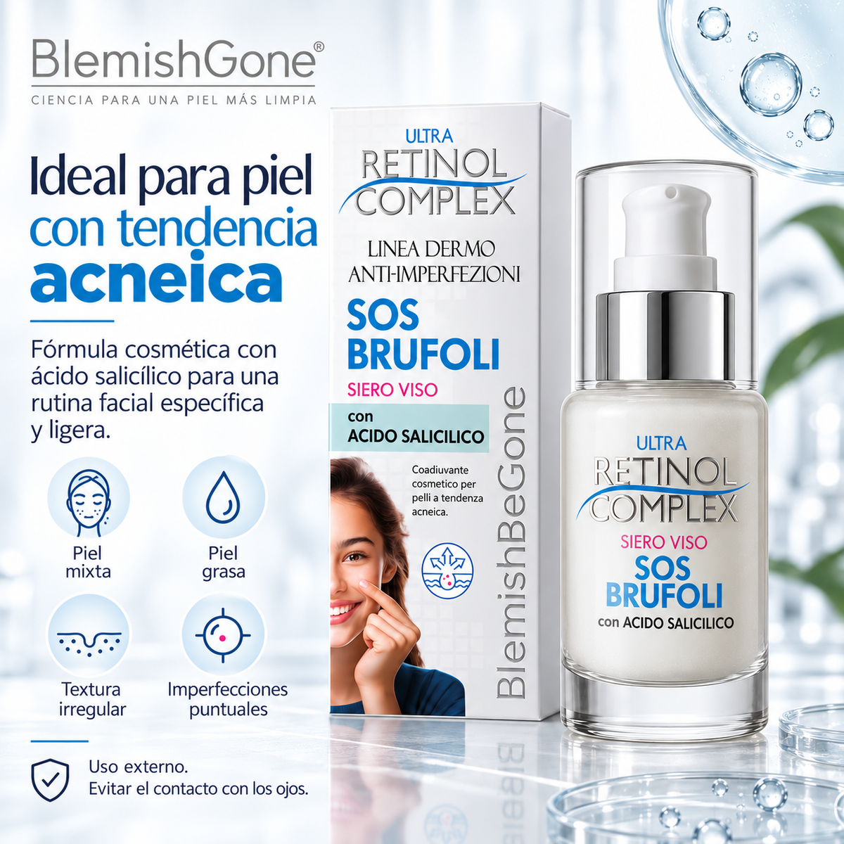 Sérum Facial Ultra Retinol Complex SOS Brufoli con Ácido Salicílico y Niacinamida | Anti-Imperfecciones Made in Italy