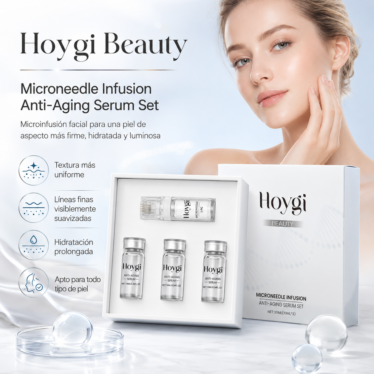 Set de Sérum Antiedad Hoygi Microneedle Infusion - Sistema Facial de Microinfusión Antiedad para Hidratación, Firmeza y Líneas Finas