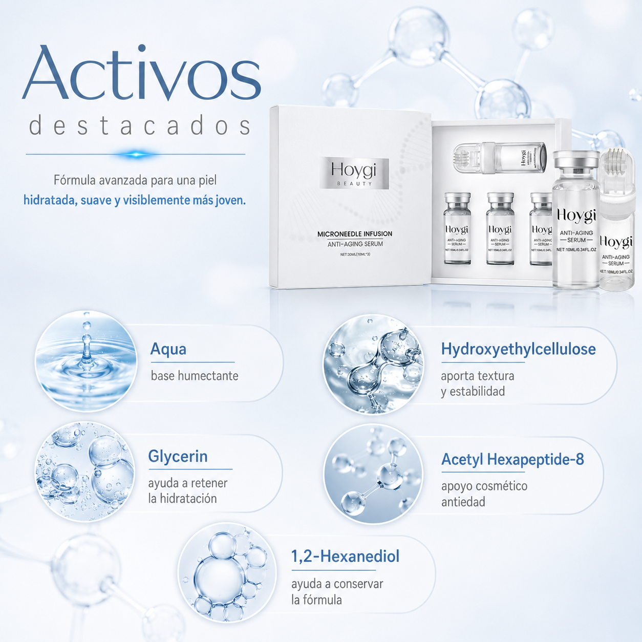 Set de Sérum Antiedad Hoygi Microneedle Infusion - Sistema Facial de Microinfusión Antiedad para Hidratación, Firmeza y Líneas Finas