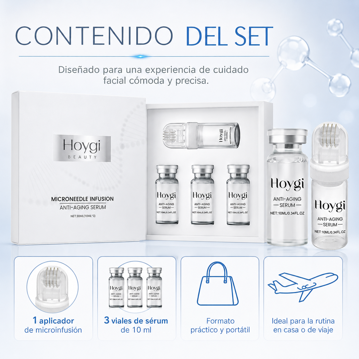 Set de Sérum Antiedad Hoygi Microneedle Infusion - Sistema Facial de Microinfusión Antiedad para Hidratación, Firmeza y Líneas Finas