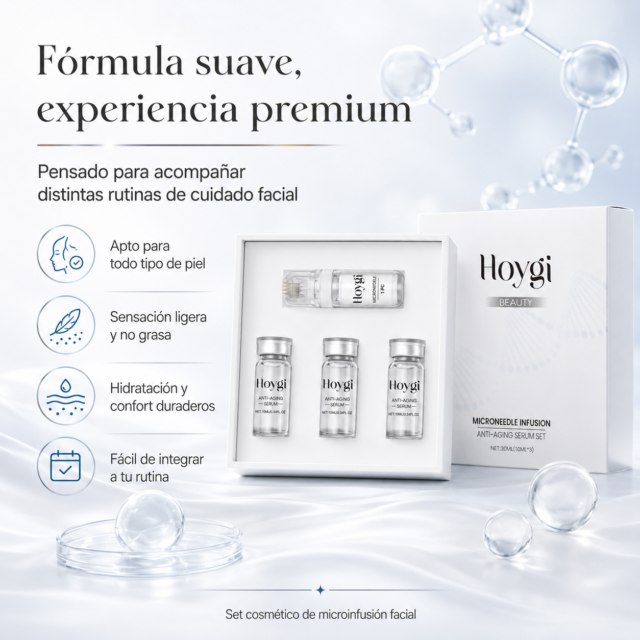 Set de Sérum Antiedad Hoygi Microneedle Infusion - Sistema Facial de Microinfusión Antiedad para Hidratación, Firmeza y Líneas Finas
