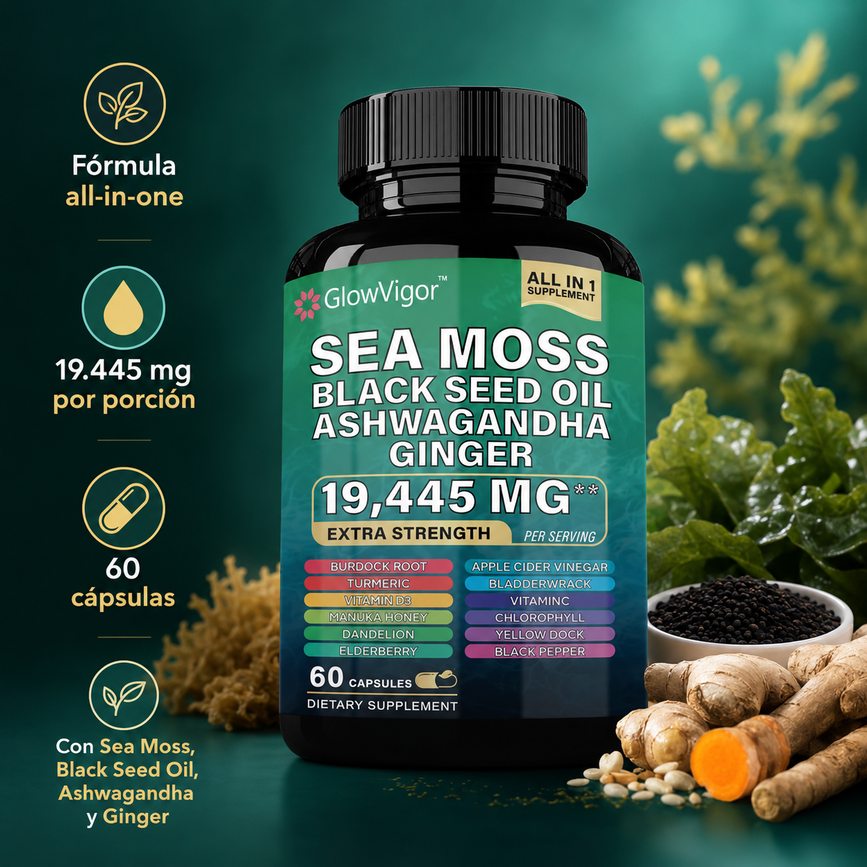 GlowVigor Sea Moss Black Seed Oil Ashwagandha Ginger, Suplemento All in 1 con Cúrcuma, Bladderwrack, Bardana, Vitamina C, D3, Saúco, Manuka y Clorofila, 60 Cápsulas