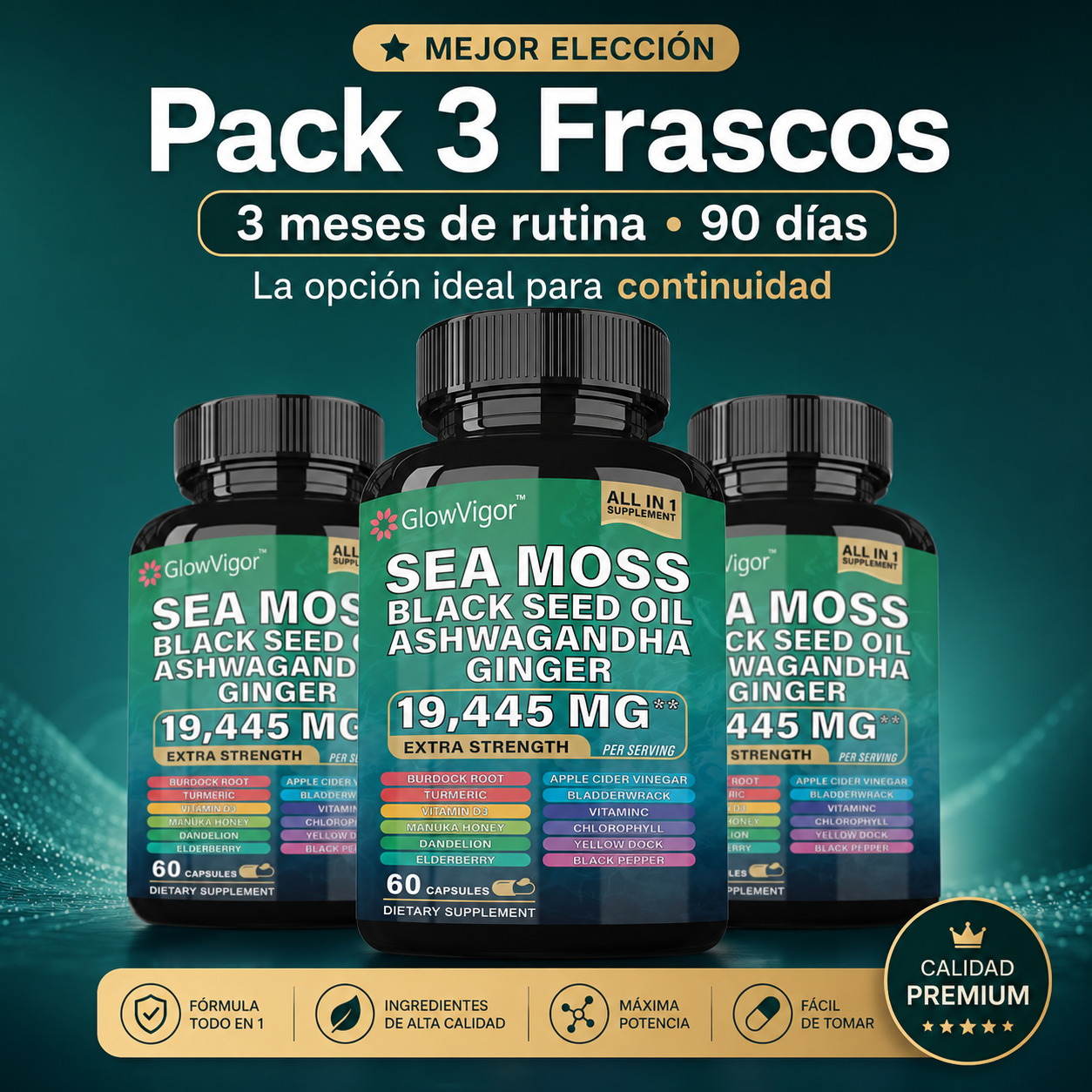GlowVigor Sea Moss Black Seed Oil Ashwagandha Ginger, Suplemento All in 1 con Cúrcuma, Bladderwrack, Bardana, Vitamina C, D3, Saúco, Manuka y Clorofila, 60 Cápsulas