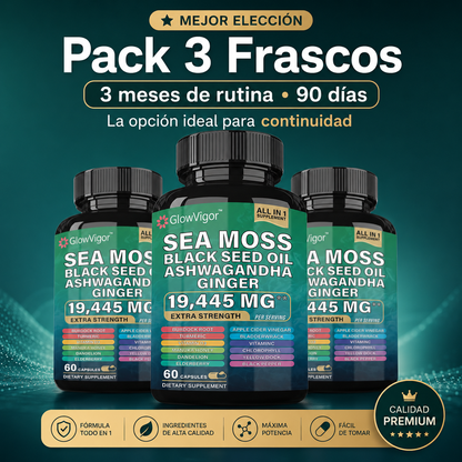 GlowVigor Sea Moss Black Seed Oil Ashwagandha Ginger, Suplemento All in 1 con Cúrcuma, Bladderwrack, Bardana, Vitamina C, D3, Saúco, Manuka y Clorofila, 60 Cápsulas