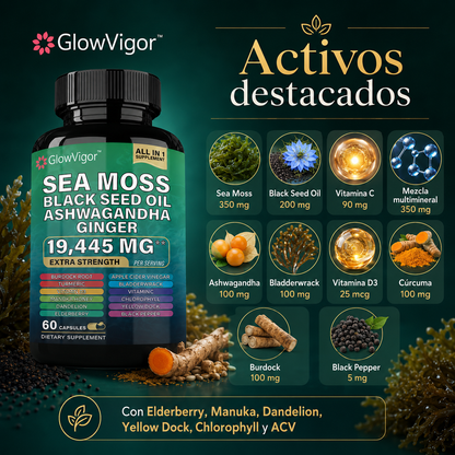 GlowVigor Sea Moss Black Seed Oil Ashwagandha Ginger, Suplemento All in 1 con Cúrcuma, Bladderwrack, Bardana, Vitamina C, D3, Saúco, Manuka y Clorofila, 60 Cápsulas
