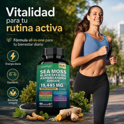 GlowVigor Sea Moss Black Seed Oil Ashwagandha Ginger, Suplemento All in 1 con Cúrcuma, Bladderwrack, Bardana, Vitamina C, D3, Saúco, Manuka y Clorofila, 60 Cápsulas