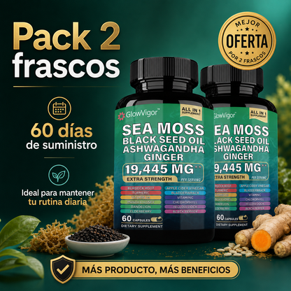 GlowVigor Sea Moss Black Seed Oil Ashwagandha Ginger, Suplemento All in 1 con Cúrcuma, Bladderwrack, Bardana, Vitamina C, D3, Saúco, Manuka y Clorofila, 60 Cápsulas