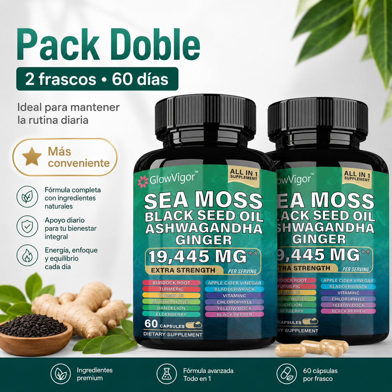 GlowVigor Sea Moss Black Seed Oil Ashwagandha Ginger, Suplemento All in 1 con Cúrcuma, Bladderwrack, Bardana, Vitamina C, D3, Saúco, Manuka y Clorofila, 60 Cápsulas