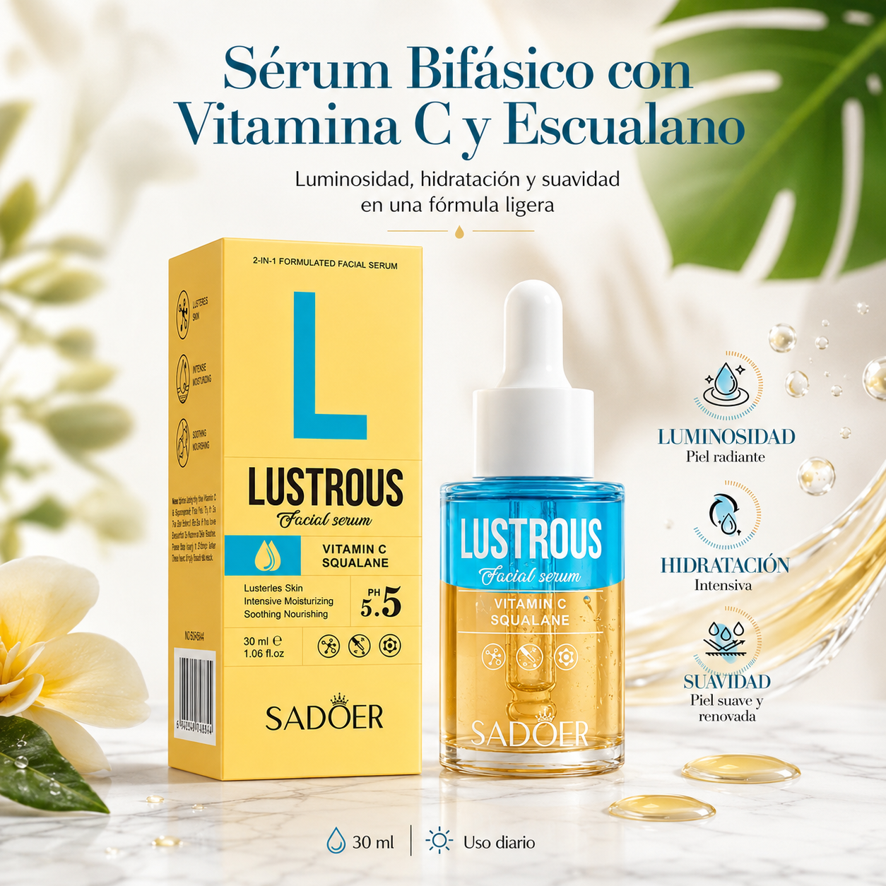 Sérum Bifásico SADOER con Vitamina C y Escualano 30 ml | Luminosidad, Hidratación y Piel Radiante