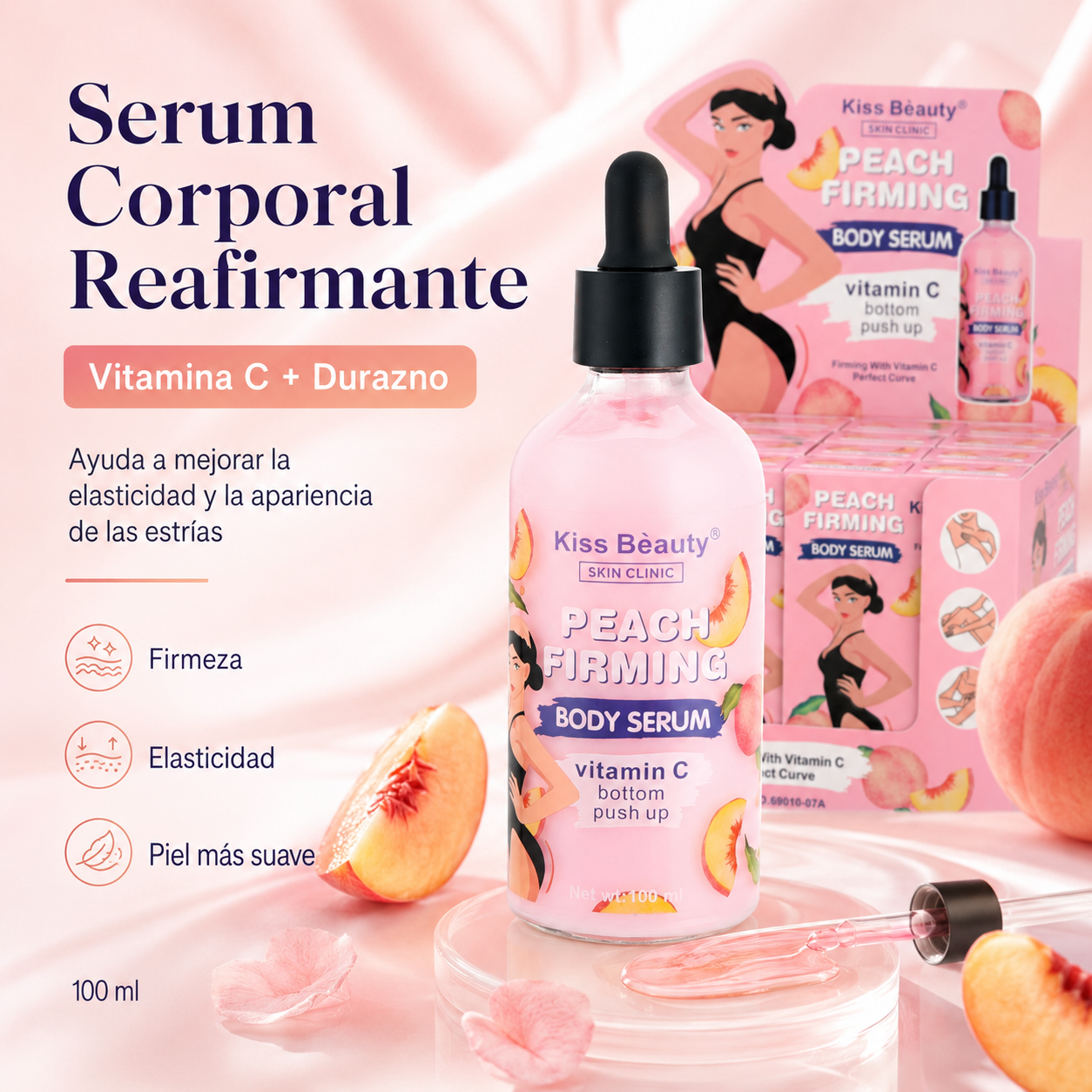 Serum Corporal Reafirmante Kiss Beauty Peach Firming 100 ml | Vitamina C y Durazno para Estrías, Elasticidad y Piel Más Firme
