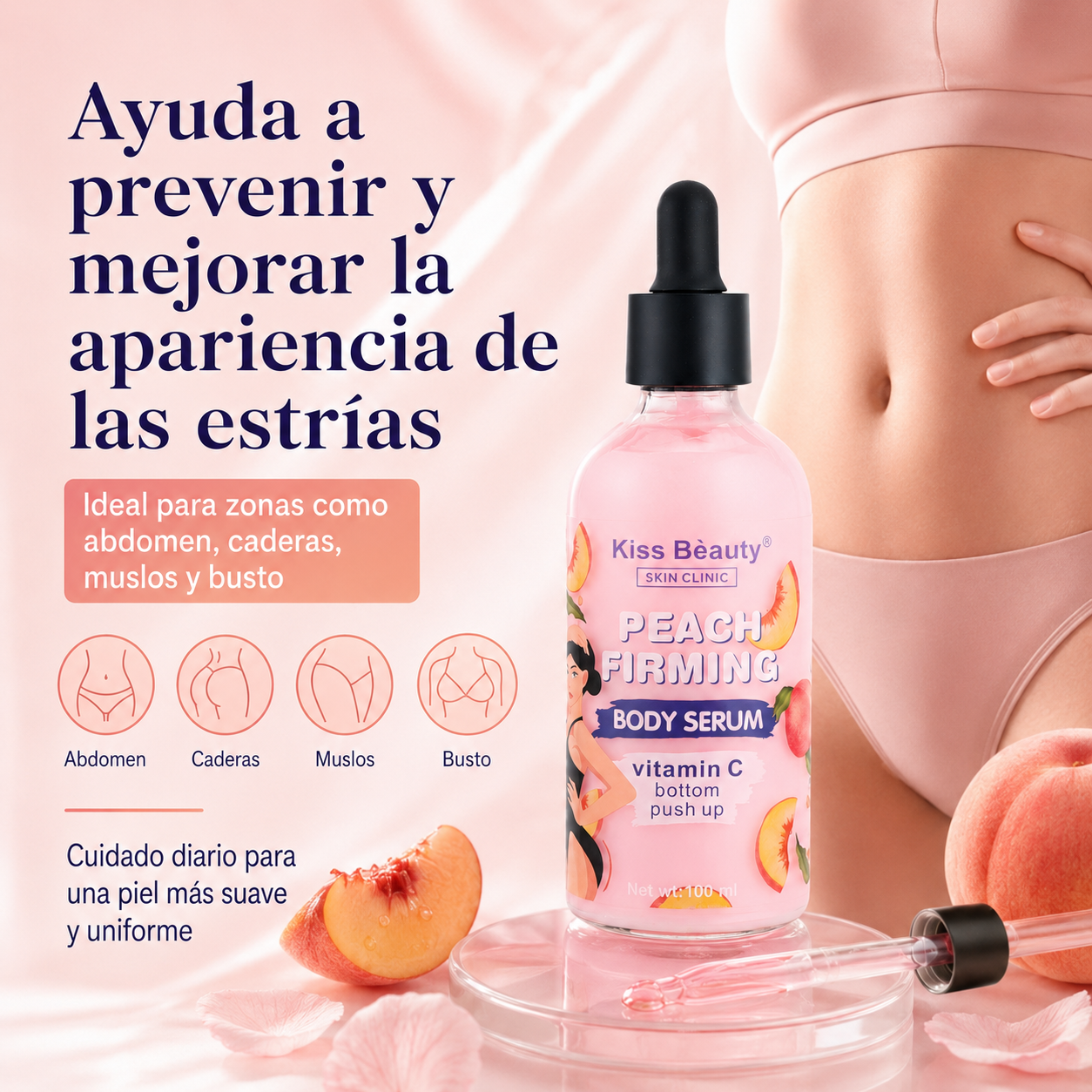 Serum Corporal Reafirmante Kiss Beauty Peach Firming 100 ml | Vitamina C y Durazno para Estrías, Elasticidad y Piel Más Firme