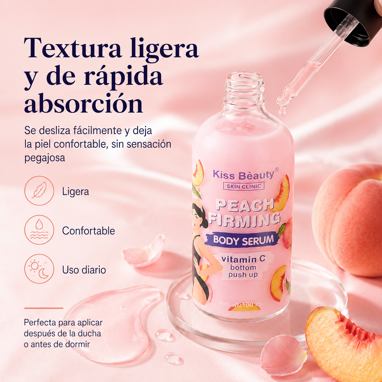 Serum Corporal Reafirmante Kiss Beauty Peach Firming 100 ml | Vitamina C y Durazno para Estrías, Elasticidad y Piel Más Firme