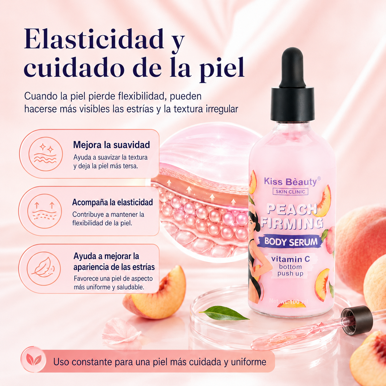 Serum Corporal Reafirmante Kiss Beauty Peach Firming 100 ml | Vitamina C y Durazno para Estrías, Elasticidad y Piel Más Firme