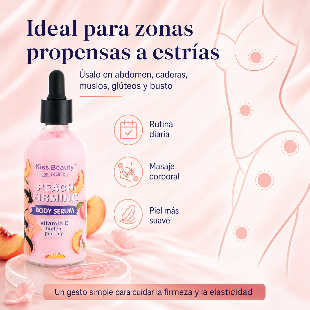 Serum Corporal Reafirmante Kiss Beauty Peach Firming 100 ml | Vitamina C y Durazno para Estrías, Elasticidad y Piel Más Firme