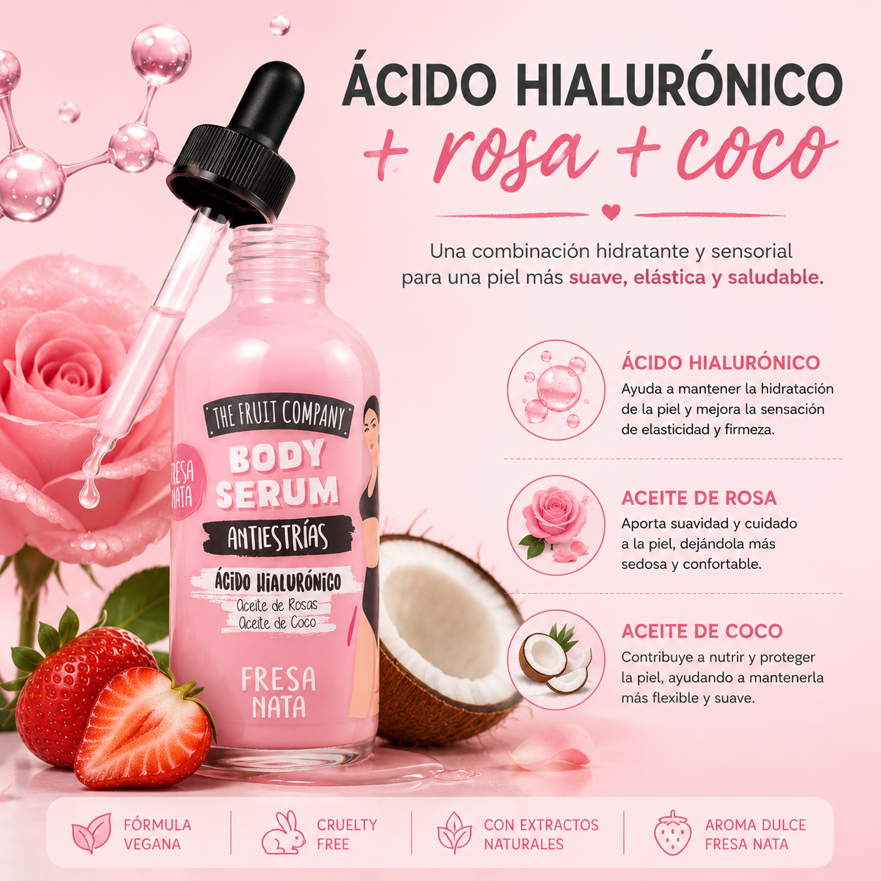 Serum Corporal Antiestrías Fresa Nata 120 ml | Ácido Hialurónico, Rosa y Coco