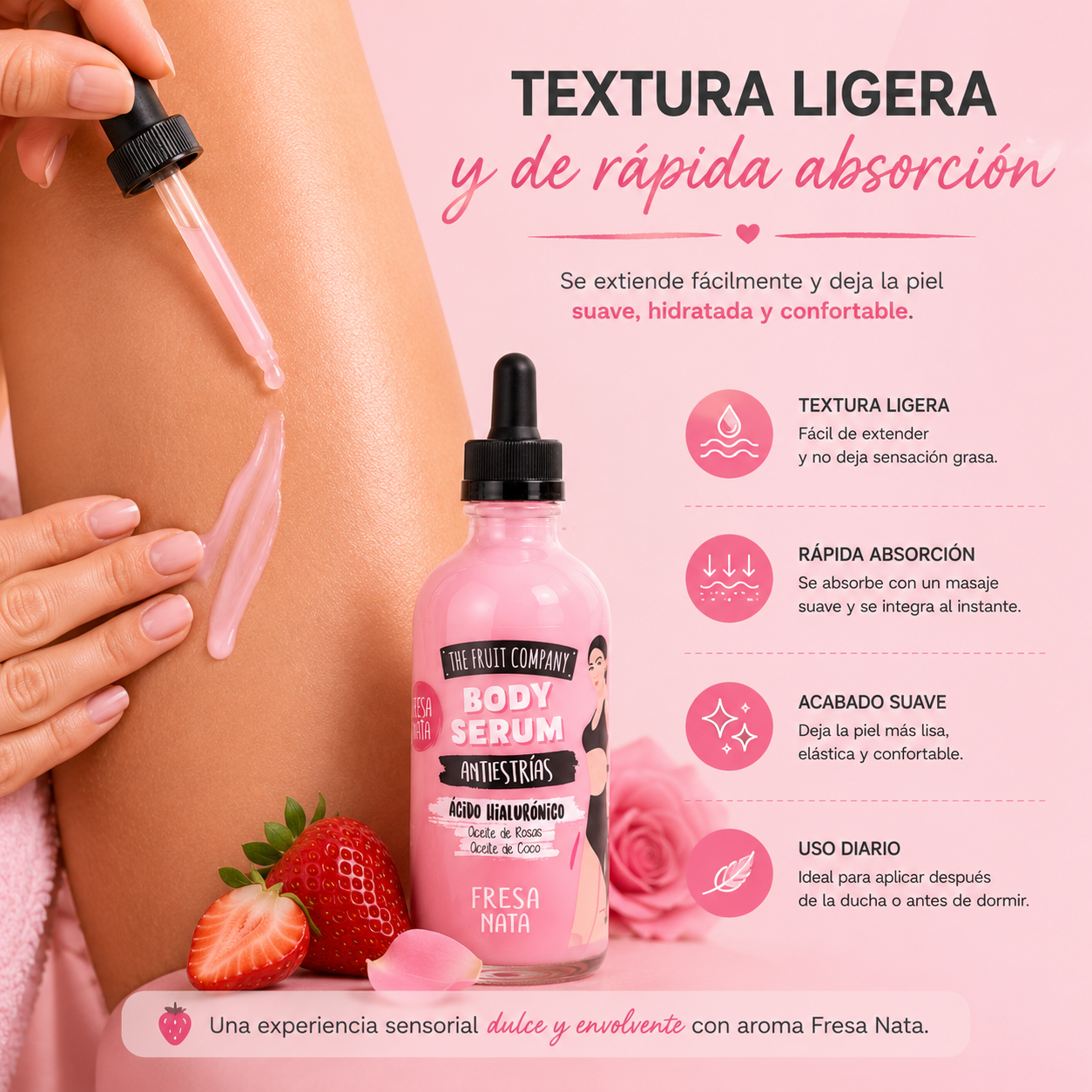 Serum Corporal Antiestrías Fresa Nata 120 ml | Ácido Hialurónico, Rosa y Coco